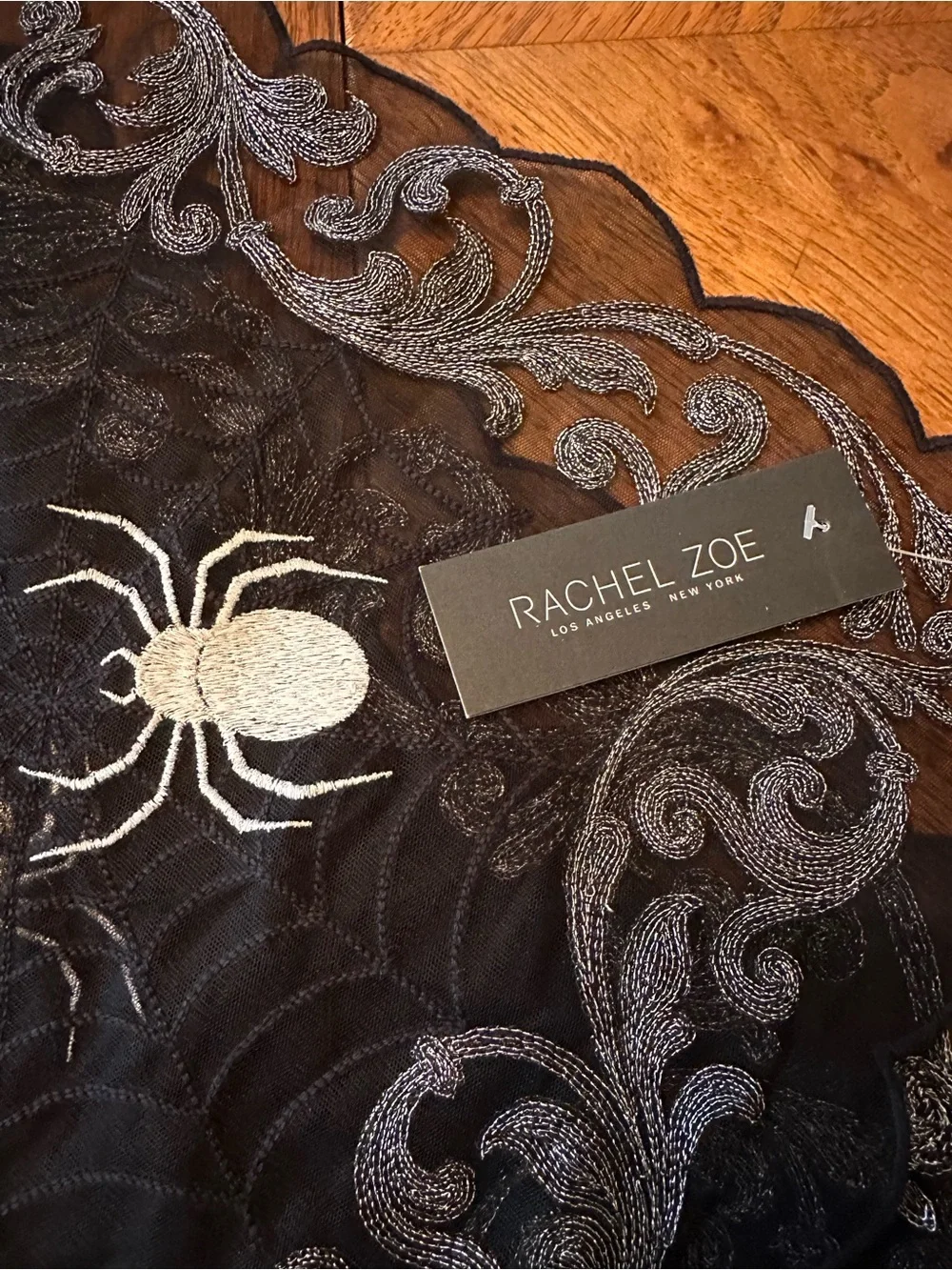 Black Lace Spider Web Table Runner with Silver Embroidery, Halloween, NWT